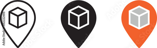 Logistic location map pin icon set featuring isometric delivery box in linear and solid style