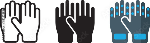 Three design variations of hand gloves icons showing outline solid and color filled versions