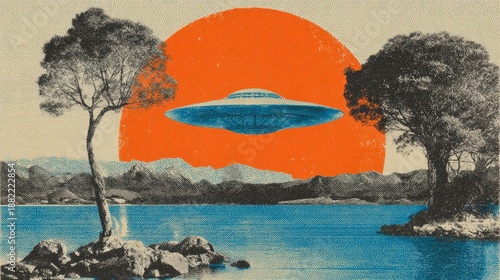 Collage with a mysterious ufo flying above a lake with trees and mountains. Retro style science fiction art for design background