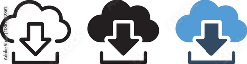 Three download cloud icons line silhouette and colorful for data transfer and digital storage concept