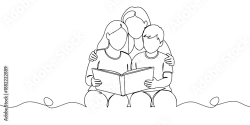 Continuous one line drawing of mother and son sitting together looking at photo album, representing sweet memories with mother, line art style vector illustration.