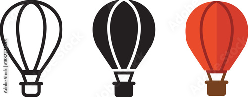 Three visual styles of hot air balloon icon showing outline solid and colorful transportation design
