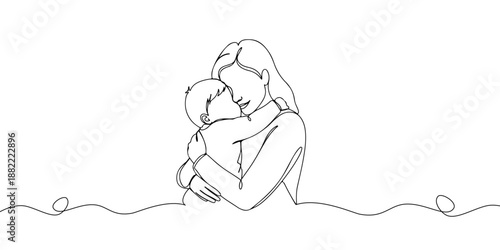 A continuous single line drawing of a mother hugging her small child lovingly, which represents unconditional maternal love, line art style vector illustration.