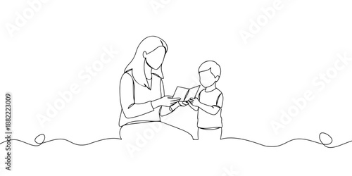 Continuous one line drawing of a mother receiving a greeting card from her child, representing the celebration of Mother's Day, line art style vector illustration.