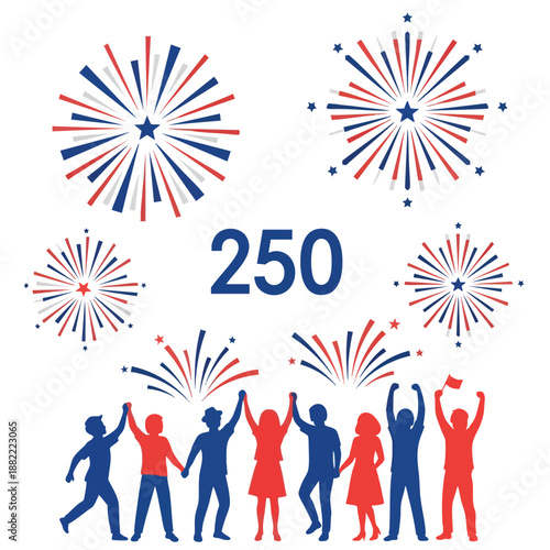 A digital illustration of people celebrating with fireworks and the number 250 in red, white, and blue tones on a white background. Perfect for america 250 anniversary, patriotic events,