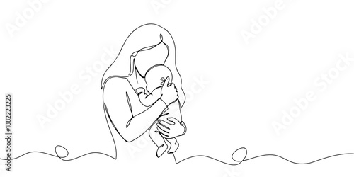 A continuous single line drawing of a mother hugging her small child lovingly, which represents unconditional maternal love, line art style vector illustration.
