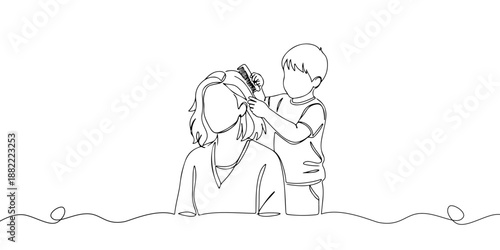  Continuous one line drawing of a child combing his mother's hair, representing love and respect for mother, line art style vector illustration.