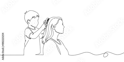  Continuous one line drawing of a child combing his mother's hair, representing love and respect for mother, line art style vector illustration.