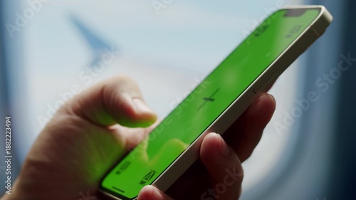 Using phone and tablet pc on airplane in air, Hands of traveller using smartphone for connecting, using app. Tourist waiting for boarding for vacation in airport. Green screen concept.