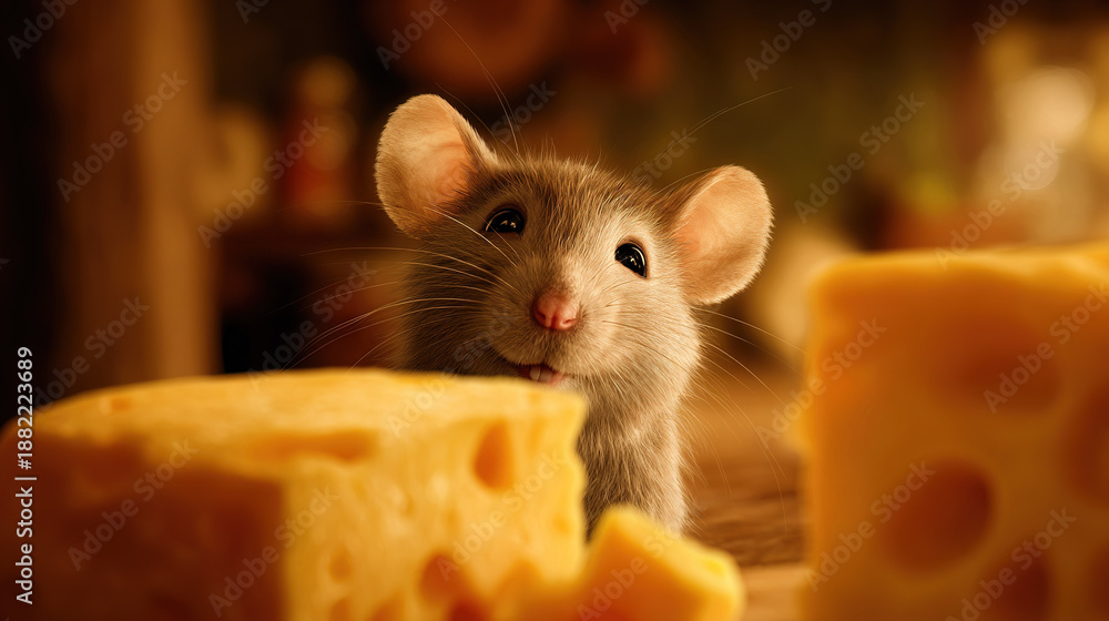 Fototapeta premium Small rodent peeking from cheese block, close-up view