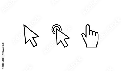 Minimal computer cursor and click icon set with gray arrow pointers in flat vector style