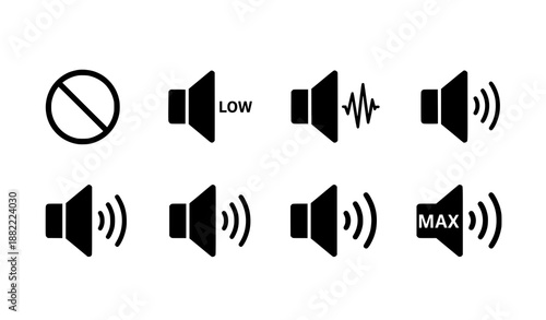 Black audio speaker volume icon set with mute to max sound waves in flat vector style