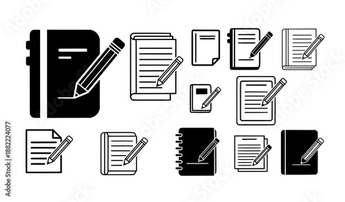 Notepad and document edit pencil icon set in clean flat vector pictogram style for business concepts