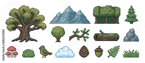 Collection of pixel art nature elements for a retro video game, including a large tree, mountain, forest, bird, mushroom, and other outdoor sprites