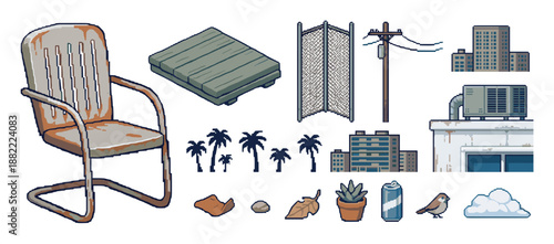 Collection of pixel art urban objects including a rusty chair, buildings, palm trees, and a utility pole, designed as assets for a retro video game or digital illustration