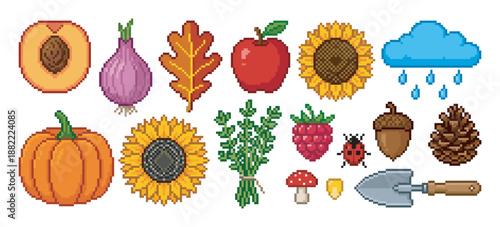 Collection of colorful autumn pixel art icons including a pumpkin, sunflower, apple, and other harvest symbols in a retro 8-bit video game style illustration set