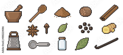 Set of pixel art spice icons including cinnamon, ginger, nutmeg, and kitchen tools like a mortar and pestle, presented in a retro 8-bit video game style for culinary design
