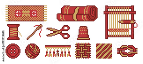 Pixel art set of weaving and sewing tools including a loom, rug, thread, and scissors in a retro 8-bit video game style with a red and gold color palette for crafting concepts