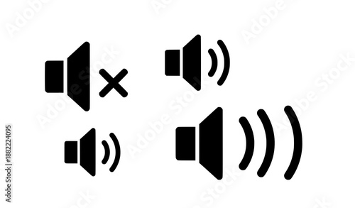 Modern black speaker sound volume icon set with mute to max wave symbols in flat vector style