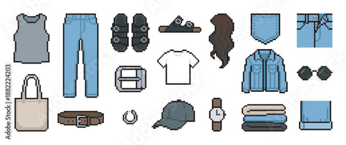 Pixel art clothing and fashion accessories set featuring a collection of casual wear icons like denim jeans, jacket, t-shirt, sandals, and a cap in a retro 8-bit video game style