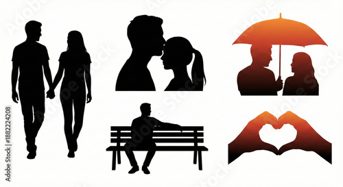 Silhouettes of couples in romantic poses, symbolizing love and togetherness