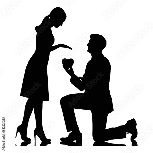 Romantic couples silhouettes set, man proposing to woman, hugging and walking together for Valentines Day