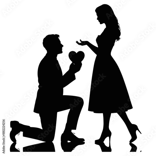 Romantic couples silhouettes set, man proposing to woman, hugging and walking together for Valentines Day