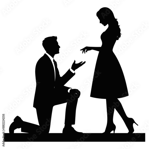 Romantic couples silhouettes set, man proposing to woman, hugging and walking together for Valentines Day