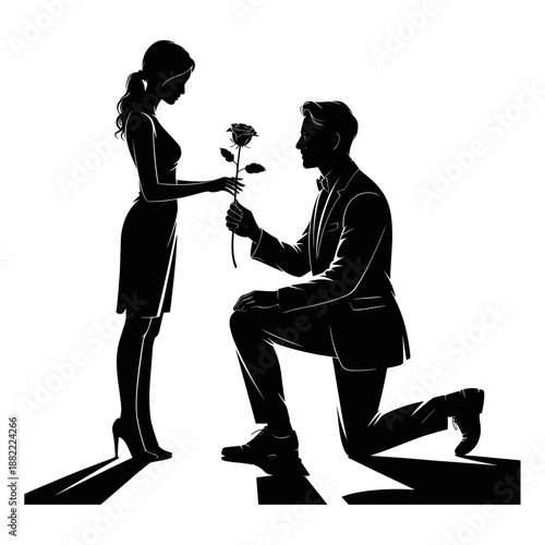 Romantic couples silhouettes set, man proposing to woman, hugging and walking together for Valentines Day