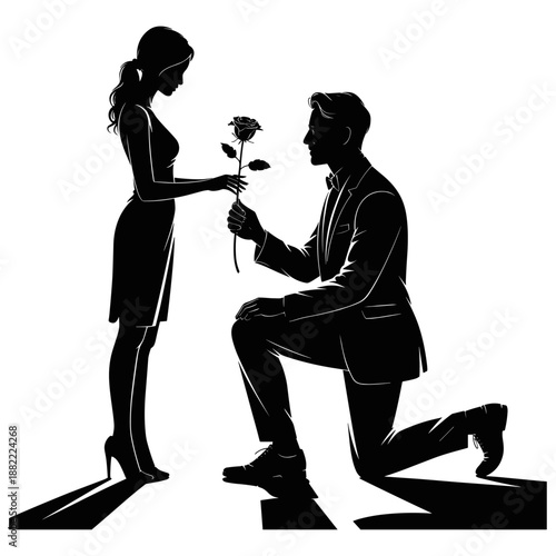 Romantic couples silhouettes set, man proposing to woman, hugging and walking together for Valentines Day