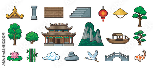 Collection of Asian-themed pixel art icons featuring a pagoda, lantern, koi fish, and other cultural elements in a retro 8-bit video game style