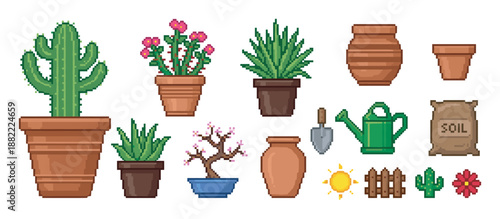 Pixel art gardening and plant icon set featuring a cactus, bonsai tree, watering can, soil bag, and various pots in a retro 8-bit video game style illustration