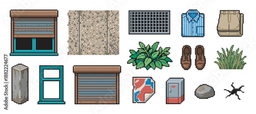 Collection of pixel art game assets featuring windows, clothing, plants, and urban elements for creating a retro-style video game environment or digital illustration