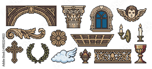 Pixel art collection of antique architectural details and religious symbols like a cherub, cross, chalice, and column, designed as 8-bit game assets with a retro aesthetic