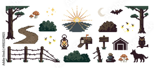 Collection of pixel art game assets featuring forest and countryside elements like trees, a path, an owl, a wolf, a lantern, and fireflies for a retro video game design