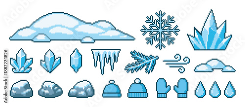 Pixelated winter and cold weather icon collection featuring snow, ice, a snowflake, crystals, mittens, and a hat in a classic 8-bit retro video game art style