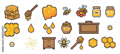 Pixel art collection of honey and beekeeping icons including a bee, honeycomb, jar, and beehive in a retro 8-bit video game style for a charming and nostalgic design