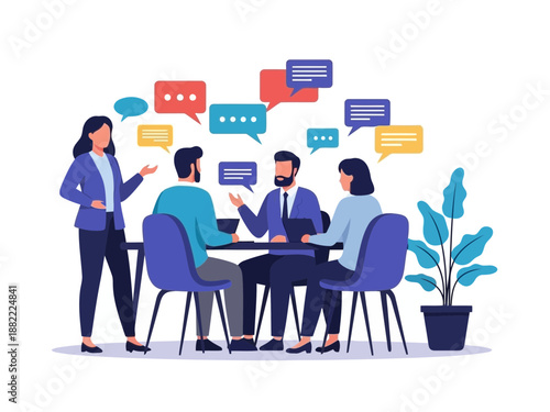 A group of business people sitting around a table having a meeting with speech bubbles above