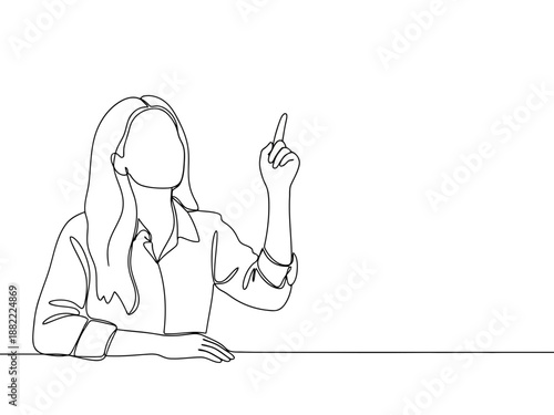 A woman pointing upwards with her finger in a simple line drawing style illustration