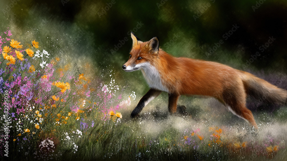 Fototapeta premium Fox Running Through Wildflowers