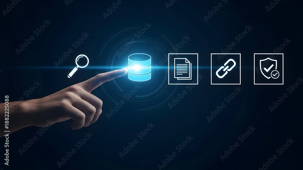 Fototapeta premium Hand touching glowing database icon with search document link and security icons technology