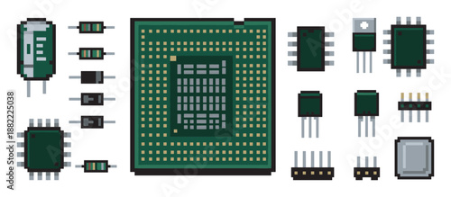 Set of pixel art electronic components including a CPU, resistors, and microchips in a retro 8-bit style, representing technology and computer hardware
