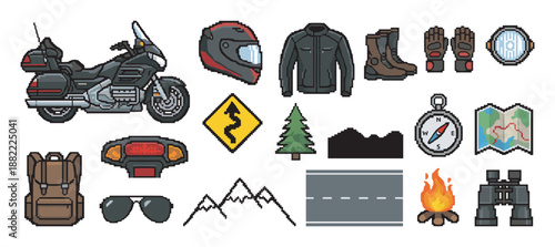 Set of pixel art motorcycle travel icons including a touring bike, helmet, jacket, map, compass, and camping equipment for an adventure road trip