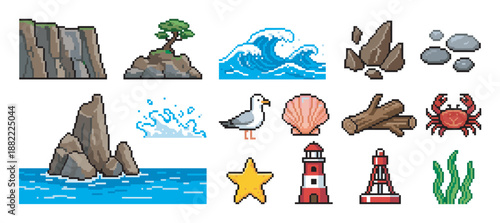 Pixel art set of seaside and ocean elements featuring a lighthouse, crab, waves, rocks, and seagull in a retro 8-bit video game style for creative digital projects