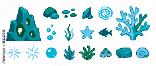 Pixel art underwater game assets collection showing various sea life and objects like coral, fish, rocks, shells, and seaweed in a classic 8-bit retro graphic style