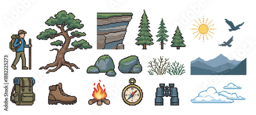 Pixel art hiking and camping icon set featuring a hiker, backpack, boot, campfire, compass, binoculars, trees, mountains, and sun in a retro 8-bit video game style