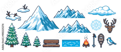 Collection of pixel art winter icons featuring snowy mountains, pine trees, a deer, a blue bird, a campfire, and various outdoor adventure elements in a retro 8-bit style