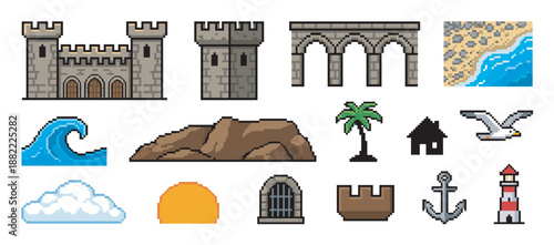 Pixel art game asset collection showing a medieval castle, tower, bridge, wave, lighthouse, anchor, and various nature elements in a classic 8-bit retro video game style