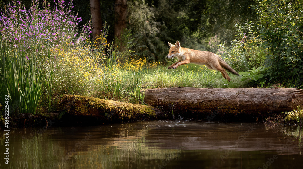 Fototapeta premium Fox leaping across a log over a shallow stream in a lush garden