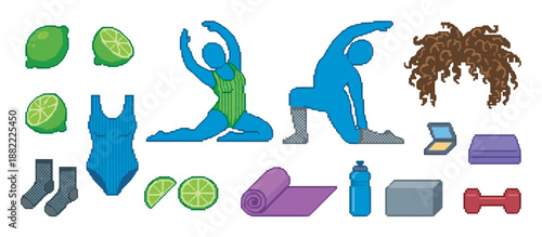 Set of pixel art fitness icons showing yoga poses, a dumbbell, mat, water bottle, and swimsuit in a retro 8-bit video game style illustration